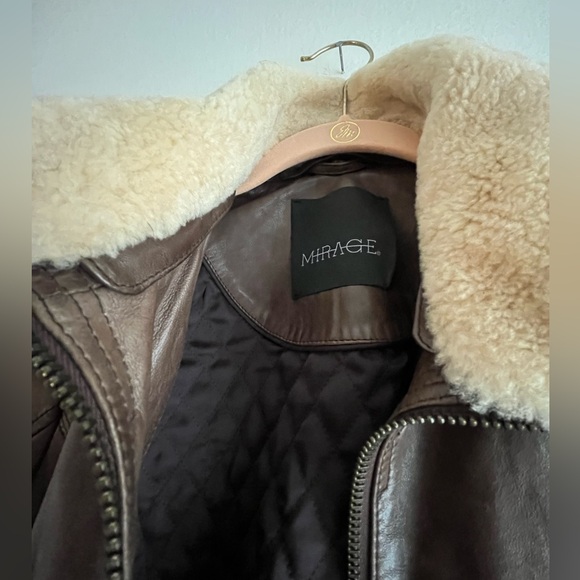 100% genuine brown leather bomber aviator jacket removable shearling collar - Picture 6 of 14